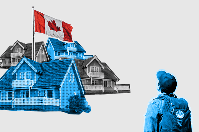 canada housing with canadian flag and a student looking up